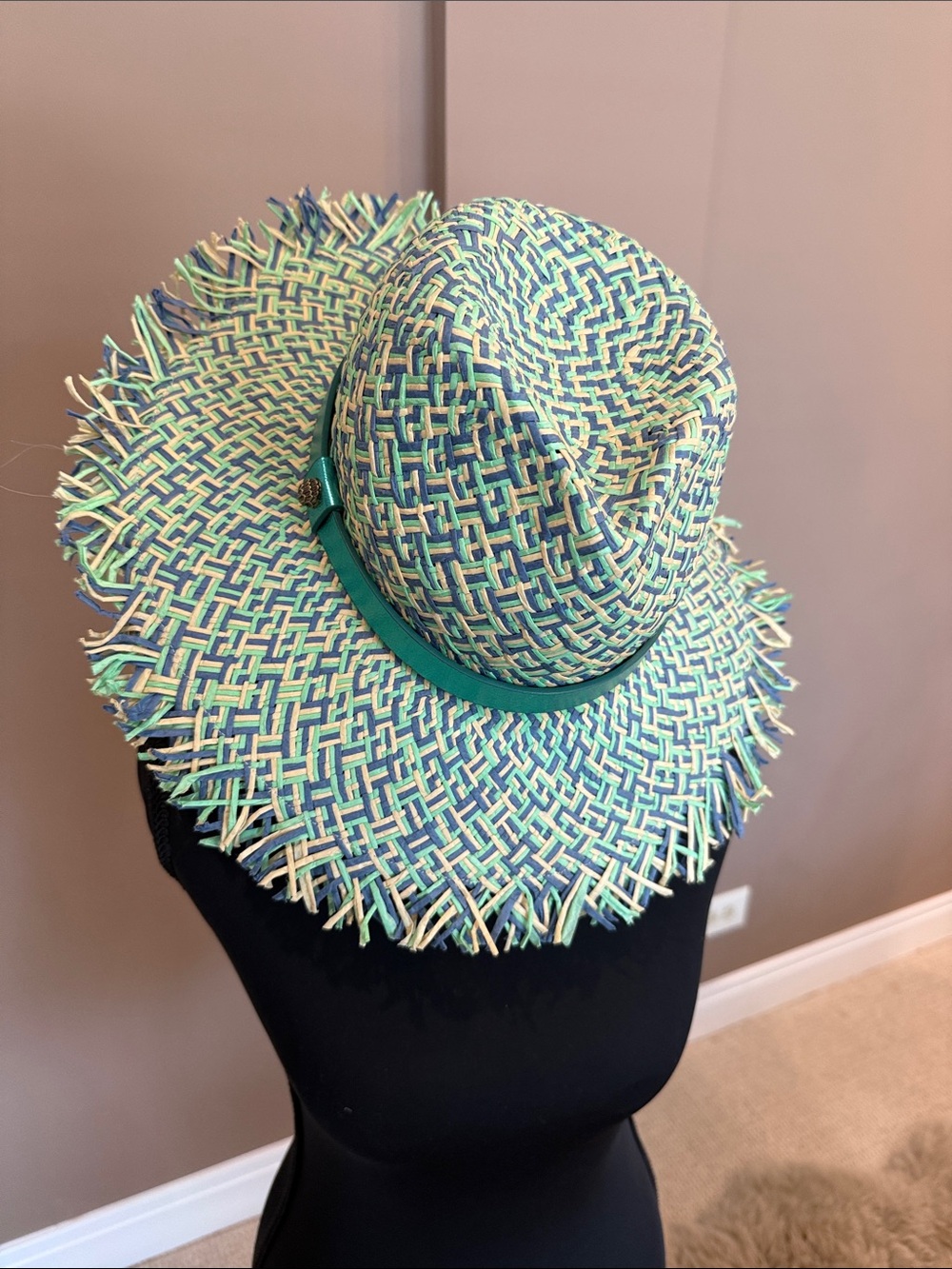 Kurt Geiger Teal & Cream Woven Sun Hat